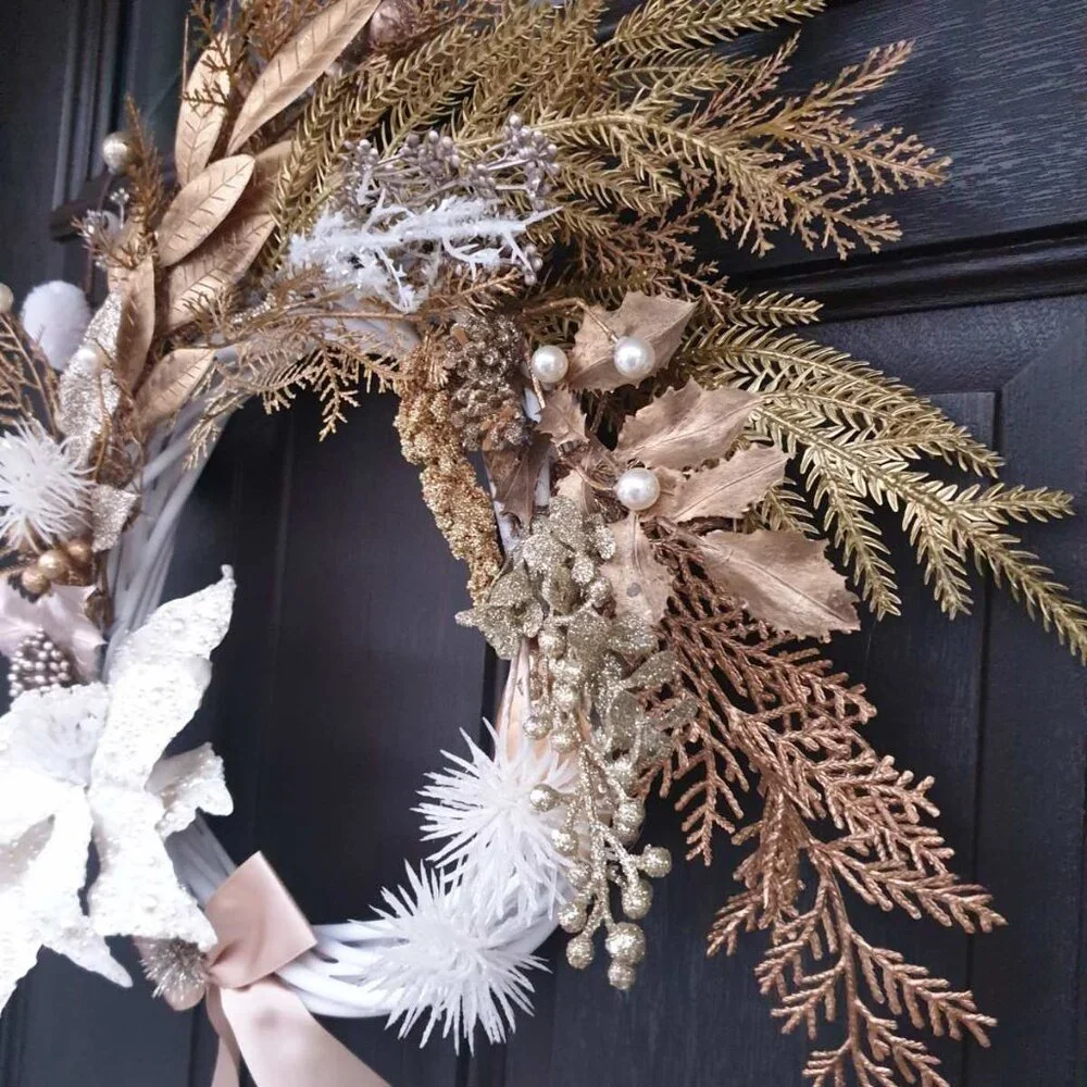 Christmas Holiday Handmade Gold White Wreath Home Office Decor Door Wall Hanger